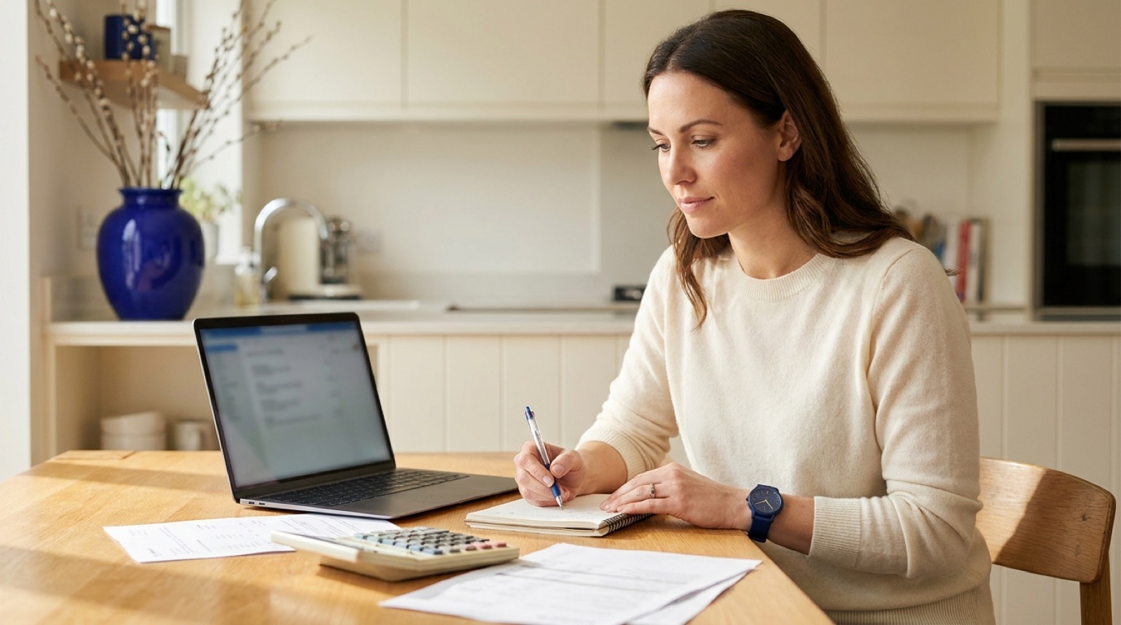 Real estate agent planning commission income with a calculator and laptop at a kitchen table
