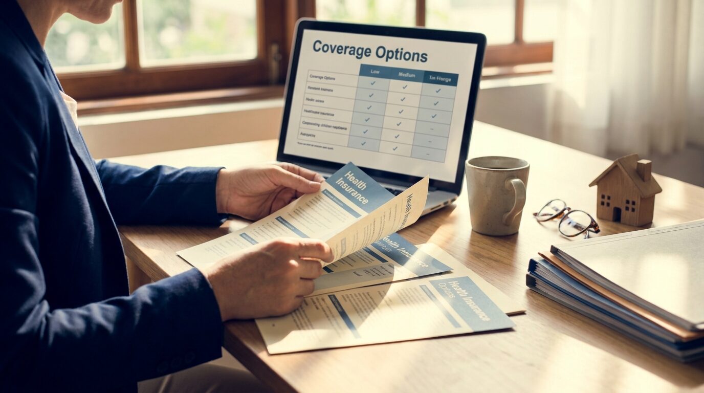 A real estate agent at a home-office desk comparing several health insurance plan options beside a laptop