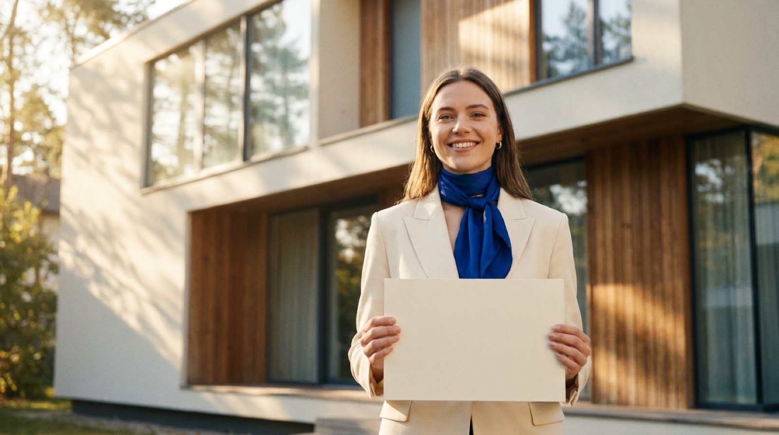 New real estate agent standing in front of a modern home on their first day