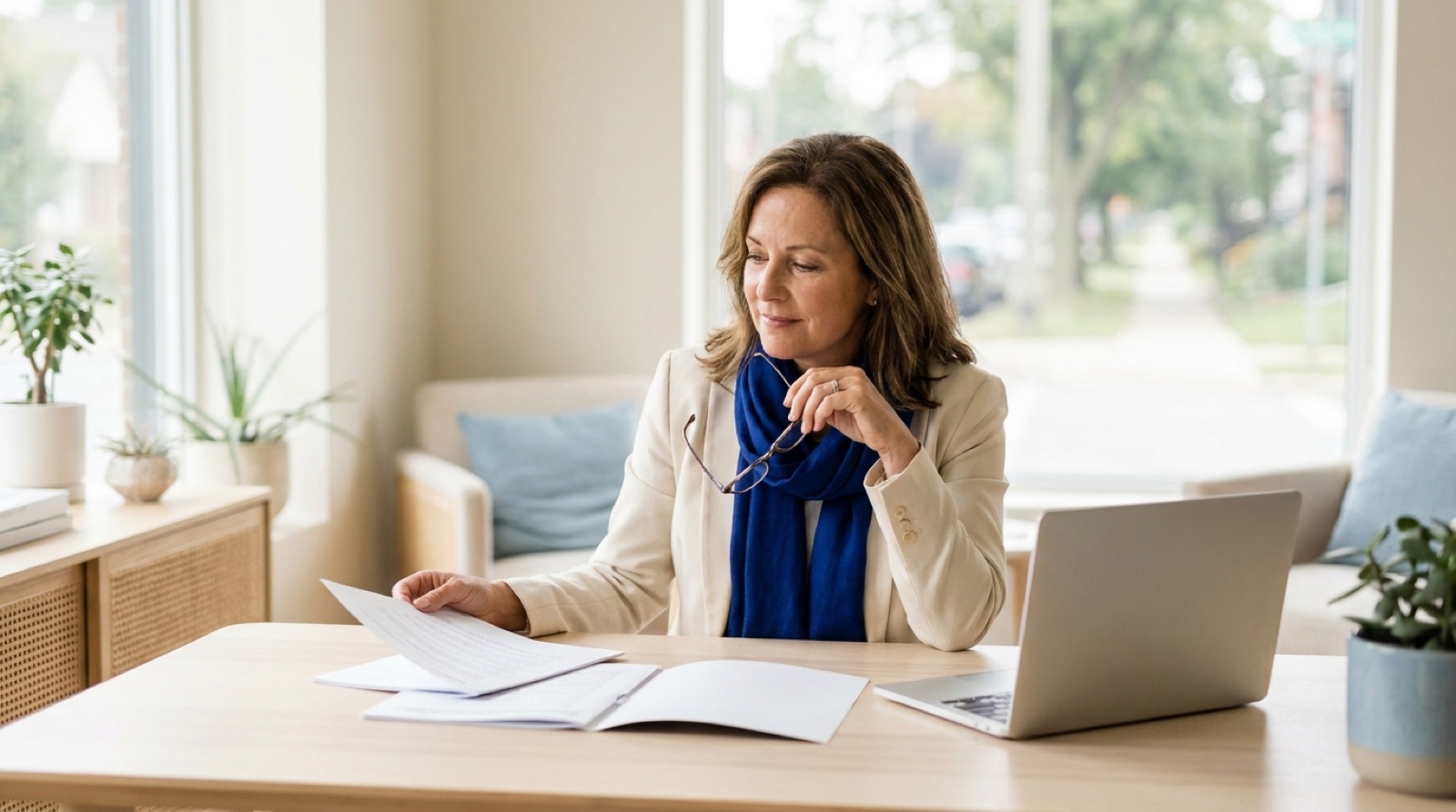 Real estate agent reviewing coverage documents and a laptop at a sunny desk