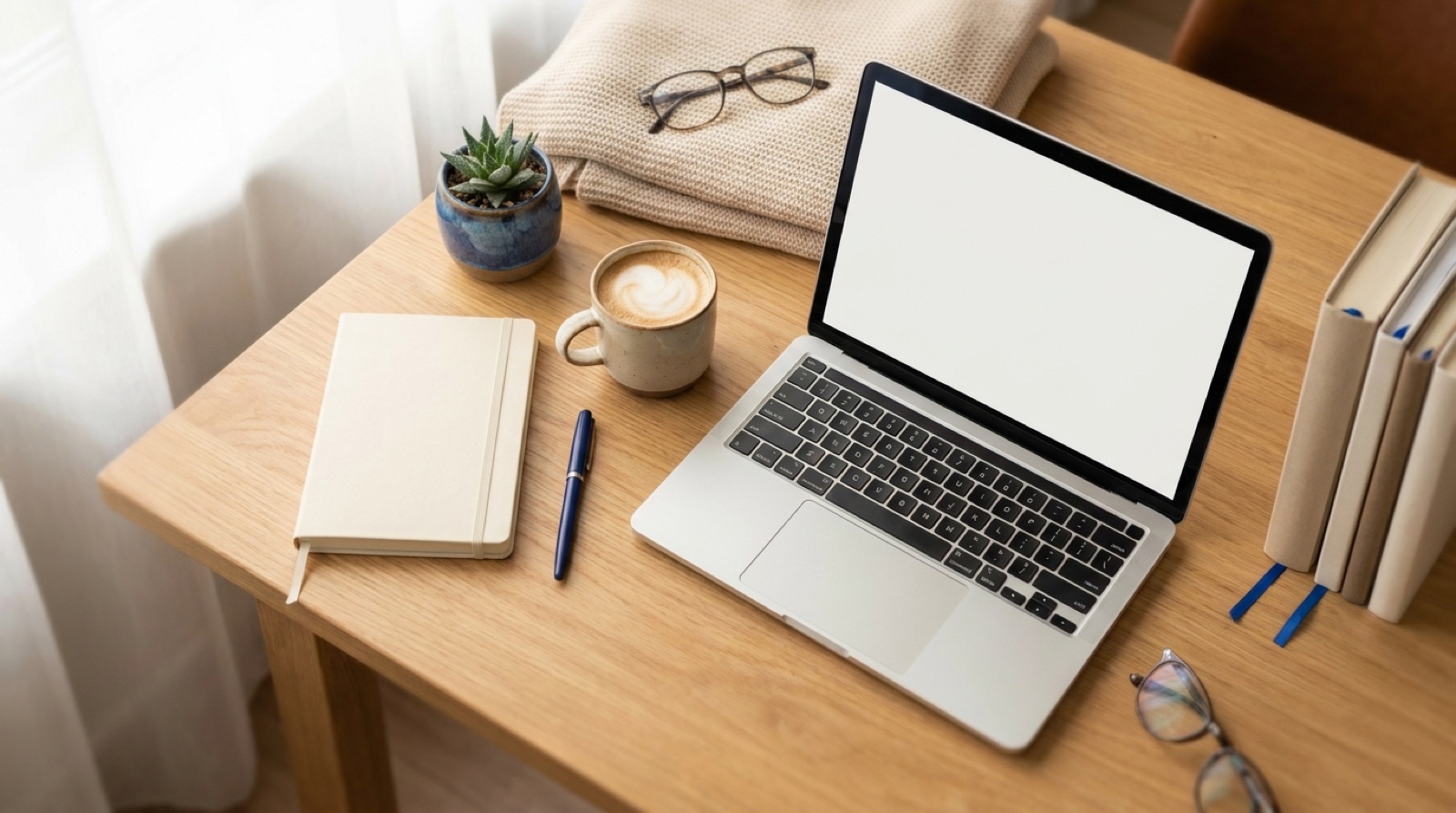 A tidy desk with a laptop, coffee and notebook — reading up on realtor health coverage