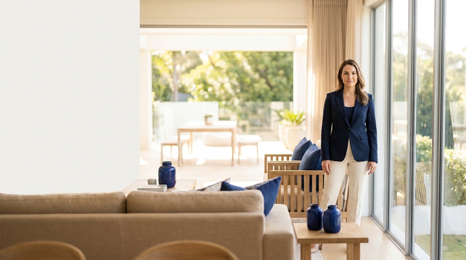 Confident real estate agent in a navy blazer standing in a bright, modern home